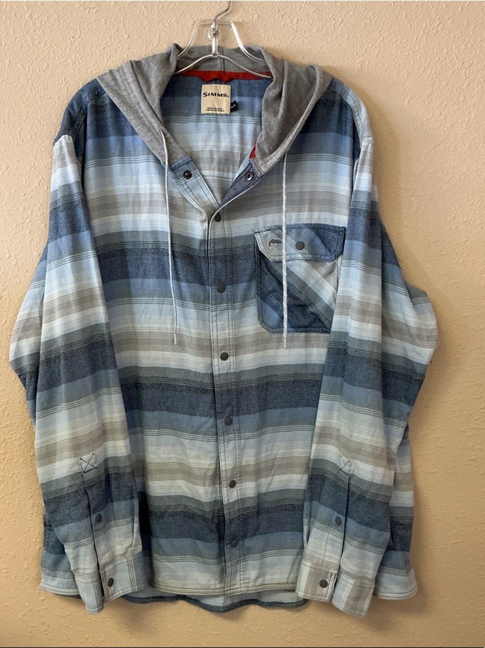 Simms Blue & Gray Hooded Plaid Flannel Shirt Jacket